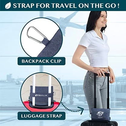 PAVILIA Travel Blanket Airplane Compact Pillow with Bag for Flights, Navy - color: Navy