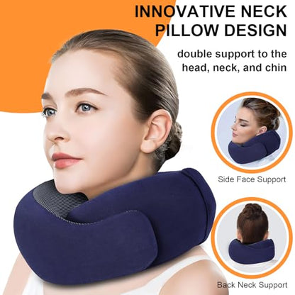Travel Pillow and Blanket Set for Airplane, Hooded Memory Foam Neck Pillow - color: Navy