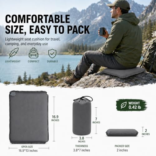 Inflatable Seat Cushion, Self Inflating Travel Seat Pad with Memory Foam, 2 Inch Thick Portable Pad for Airplane, Stadium Bleachers, Camping, Office