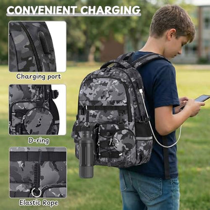 School Backpack for Boys - Camo Boys Backpack for Kids Teens Elementary, Middle & High School Bookbag Daypack with Camouflag Design,18″ Large Capacity with Usb Charging Port & Key-chain - color: Black-backpack Only