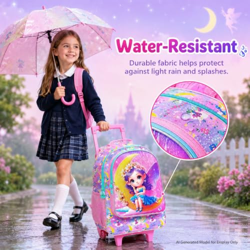 AGSDON 3PCS Kids Rolling Backpack, Girls Roller Wheels Bookbag, Wheeled Elementary School Bag with Lunch Bag - Mermaid - color: Moon Xn Zifa Roller