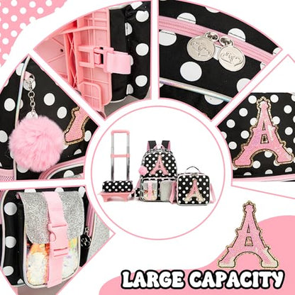 Meetbelify 3 in 1 Backpack with Wheels for Girls Rolling Letter Backpack Cute Carry on Backpacks Kids Luggage with Lunch Box Pencil Case for Elementary Student - color: Black Wave Point