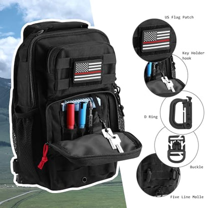 Rover Sling Pack Tactical Shoulder Sling Bag Backpack with Bottle Holder Crossbody Chest Bag, Black with Red Rope/Patch - color: Black With Red