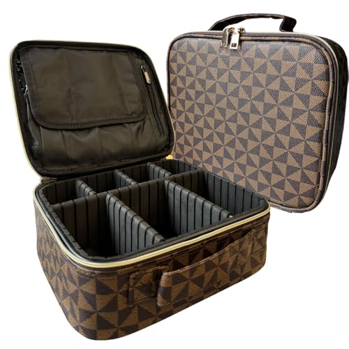 Makeup Bag Organizer – Portable Travel Cosmetic Case with Brush Storage | Large Makeup Train Case for Women | Hard Shell Makeup Suitcase | Vanity & Countertop Organizer (H-Brown)