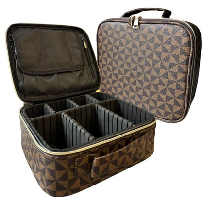 Makeup Bag Organizer – Portable Travel Cosmetic Case with Brush Storage | Large Makeup Train Case for Women | Hard Shell Makeup Suitcase | Vanity & Countertop Organizer (H-Brown)