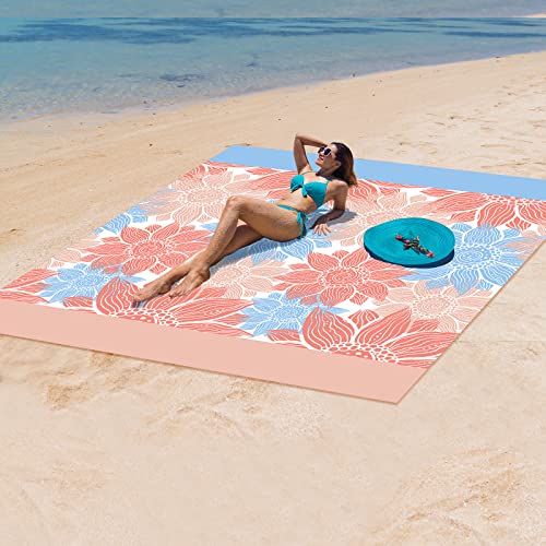 HIHOHO Waterproof Sandproof Beach Blanket Mat for 1-8 Adults, Quick Drying - color: Blue Flower, size: 79" X 108"（1~5 person）
