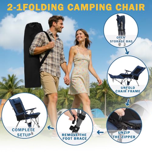 Folding Reclining Camp Chair with Footstool for Camp, Picnic, Lawn, Fishing - color: Blue