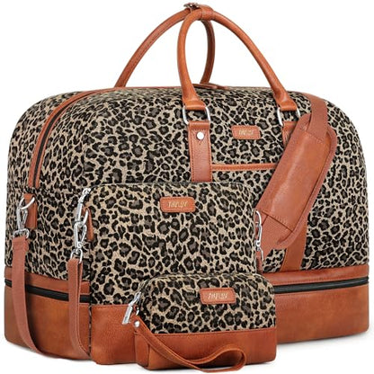IBFUN Weekender Bags for Women, 3PCS Travel Set with Shoe Compartment 21.6 - color: A02-brown+brown leopard