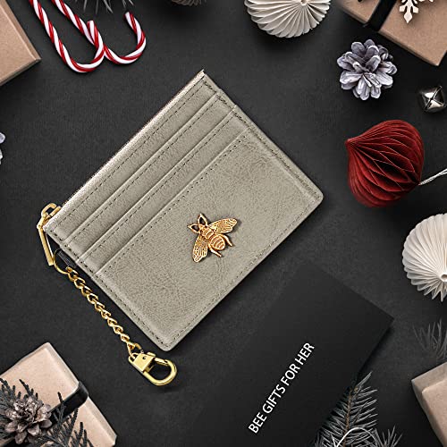 SEAVILIA Card Holder Keychain Wallet for Women with ID Window RFID Coin Purse Bee Gifts Slim Minimalist Small Wallet - color: Light Grey