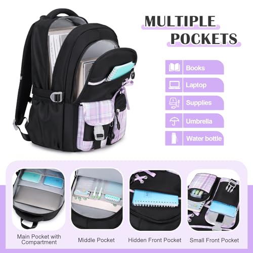 DIGOBAY Backpacks for Girls 3PCS School Backpack Lunch Box Pencil Pouch - color: Blackpurple
