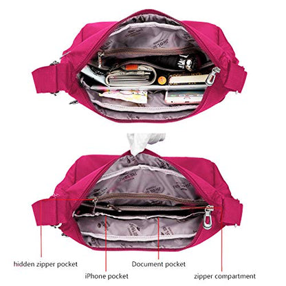 Crossbody Bag for Women Waterproof Shoulder Bag Multi Pockets Nylon Purse - color: Pink-s