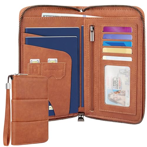 RFID Family Passport Holder Wallet - Travel Document Organizer - color: Brown