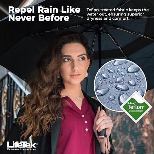LifeTek Premium Travel Umbrella - Windproof & Compact for Men & Women, Automatic Open Close, Fits in Purse Laptop Bag or Backpack, Strong Frame for Heavy Rain & Sun UV Protection - color: 45 Inch Green FX2 Double Canopy