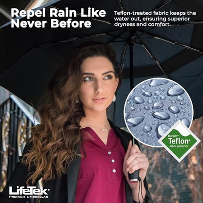 LifeTek Premium Travel Umbrella - Windproof & Compact for Men & Women, Automatic Open Close, Fits in Purse Laptop Bag or Backpack, Strong Frame for Heavy Rain & Sun UV Protection - color: 45 Inch Green FX2 Double Canopy