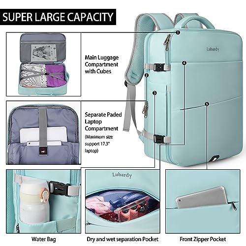 Lubardy Travel Backpack for Men Women 40L Flight Approved Carry on Backpack - color: Green(backpack With 3 Packing Cubes)