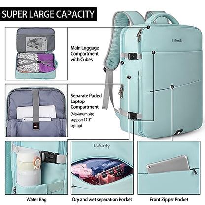 Lubardy Travel Backpack for Men Women 40L Flight Approved Carry on Backpack - color: Green(backpack With 3 Packing Cubes)