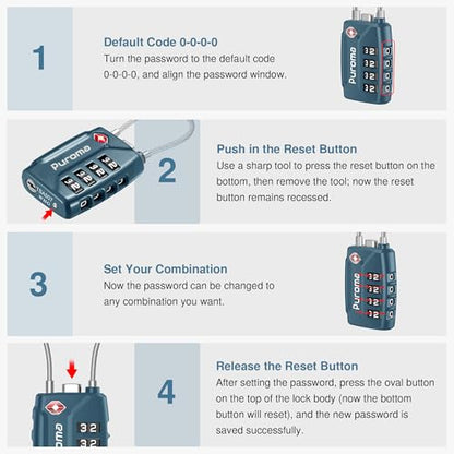 Puroma 2 TSA Approved Luggage Locks 4 Digit Code Cable Lock Blue Peacock | Resettable, Flexible Cable, Zipper holes, Zinc Alloy, Bright Color, Large White Numbers, Suitcase Train Travel, laptop bag - color: Basic Blue Peacock