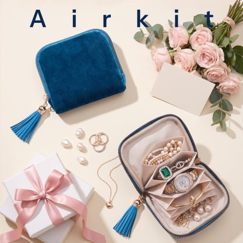 Airkit Jewelry Travel Case Small Velvet Zipper Pouch Bag for Earring Rings - color: Peacock Blue