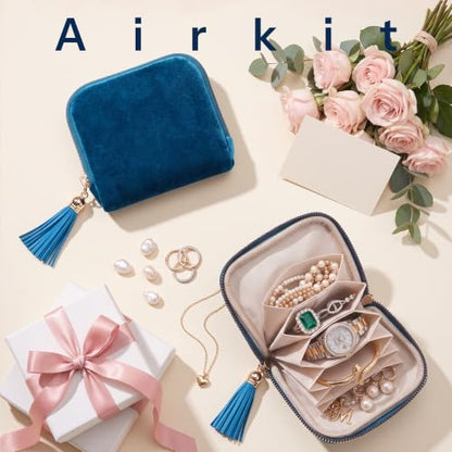 Airkit Jewelry Travel Case Small Velvet Zipper Pouch Bag for Earring Rings - color: Peacock Blue