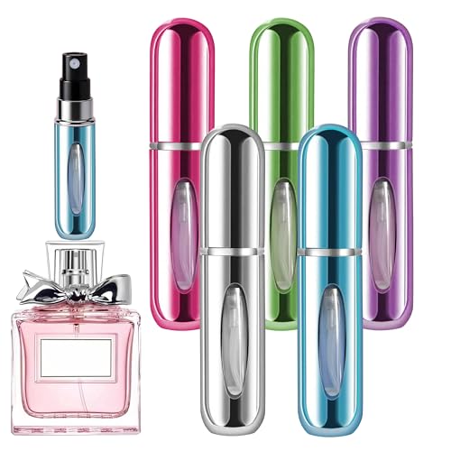 5 Pack Travel Perfume Bottle Refillable with View Window, 5ml Mini Spray Bottles for Perfume, Leak Proof Empty Atomizer Set（Light Blue，Bright Silver,Rose Red,Bright Green,Bright Purple） - color: Light Blue,Bright Silver,Rose Red,Bright Green,Bright Purple