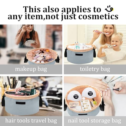 Large Flat Open Makeup Bag,Lay Drawstring Cosmetic Bag Travel Toiletry Bag (Greyish Blue) - color: Greyish Blue