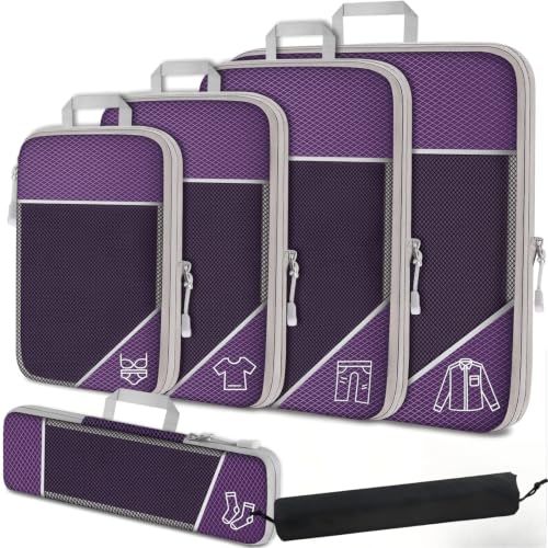 6Pcs Compression Packing Cubes Set, Waterproof Travel Luggage Organizer with Drawstring Bag, Lightweight Nylon Suitcase Storage Bags for Travel Camping Business Trip(purple) - color: Purple