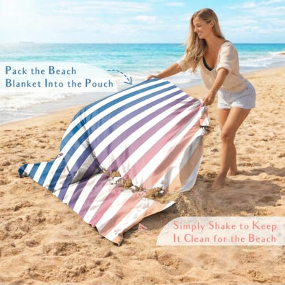 AlphaBeing Beach Blanket Waterproof Sandproof, Extra Large Beach Mat - color: Navy Stripes, size: 79“×83”