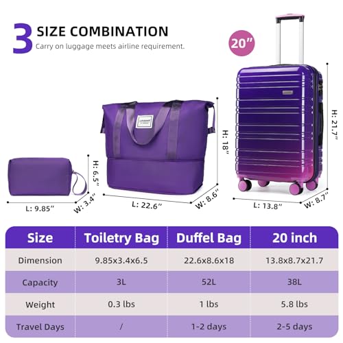 LARVENDER Carry on Luggage Sets 3 Piece, 20in Suitcase Set, Midnight Berry - color: Midnight Berry 20in, size: 3 Piece Set (20/DB/TB)