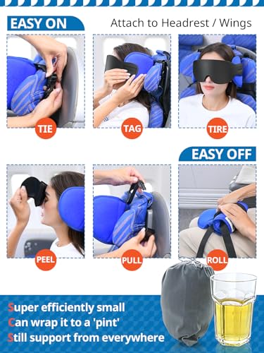 SARISUN Travel Pillow with Chin Strap, Stable Head Support for Long Flight - color: Mottled Blue