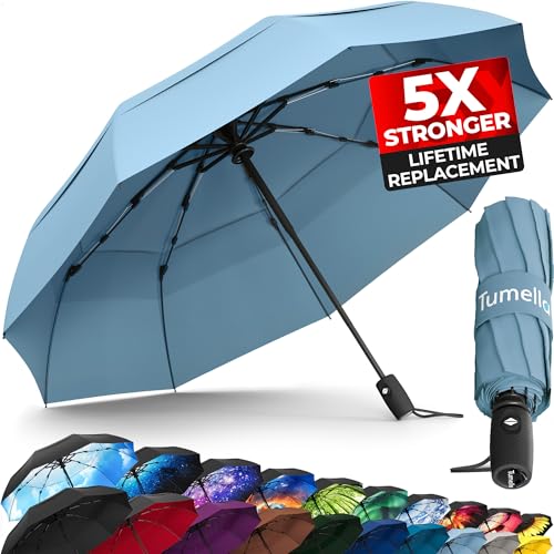 TUMELLA Strongest Windproof Travel Umbrella (Compact, 100MPH Wind-Tested), Light, Portable, One-Handed Use, Automatic Folding Rain Umbrella, Durable, Premium Grip, Fits Car & Backpack - color: 1-pack Light Blue