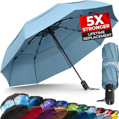 TUMELLA Strongest Windproof Travel Umbrella (Compact, 100MPH Wind-Tested), Light, Portable, One-Handed Use, Automatic Folding Rain Umbrella, Durable, Premium Grip, Fits Car & Backpack - color: 1-pack Light Blue