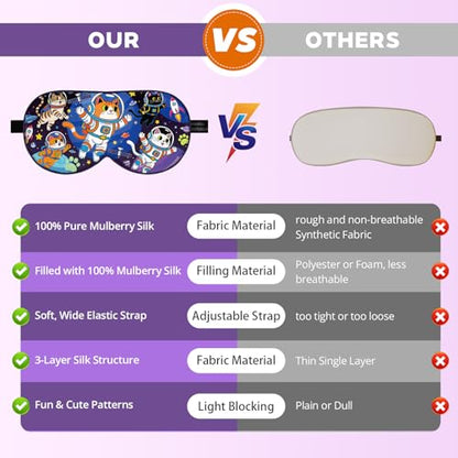 Kids Silk Sleep Mask, 100% Mulberry Silk Eye Mask with Adjustable Strap - color: Space Cat Style