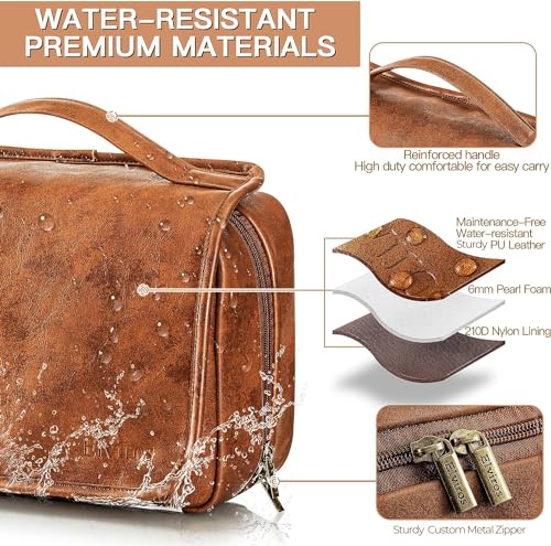 Elviros Hanging Toiletry Bag for Men PU Leather Shaving Dopp Kit (Brown) - color: Brown, size: 1 Pack