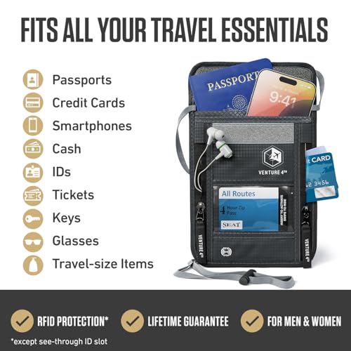 VENTURE 4TH Travel Neck Wallet, RFID Blocking Passport Holder - Gray - color: Gray