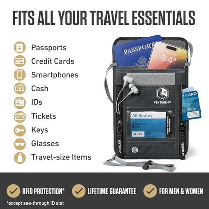 VENTURE 4TH Travel Neck Wallet, RFID Blocking Passport Holder - Gray - color: Gray