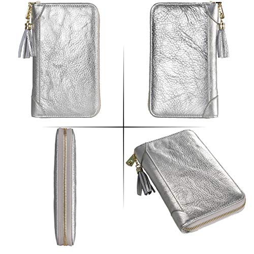 Easyoulife Credit Card Holder Wallet Womens Zipper Leather Case Purse RFID Blocking - color: Silver