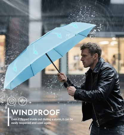 Windproof Travel Umbrella, Compact auto open/close Umbrellas for Rain - color: LightBlue(G)