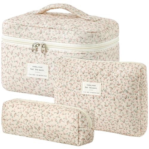 HBselect Quilted Makeup Bag, 3Pcs Cotton Large Travel Makeup Bags Organizer - color: A-3PCS-Floral 50