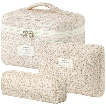 HBselect Quilted Makeup Bag, 3Pcs Cotton Large Travel Makeup Bags Organizer - color: A-3PCS-Floral 50