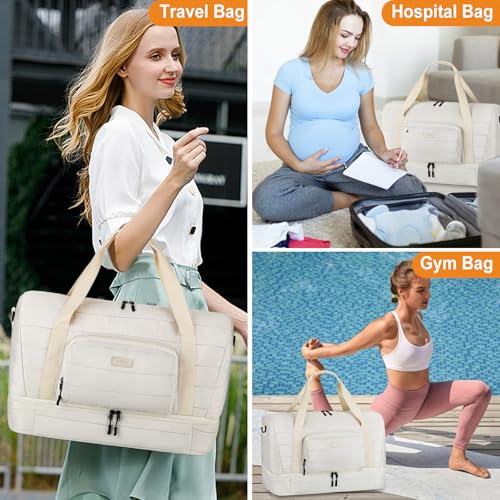 TIBES Travel Weekender Bag for Women, Overnight Bag with Shoe Compartment - color: Light Khaki