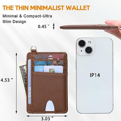 Badiya Credit Card Holder Slim Minimalist Wallet, Front Pocket Purse RFID Blocking Wallet Compact Card Case with ID Window for Women & Men - color: 2-Lychee-Brown