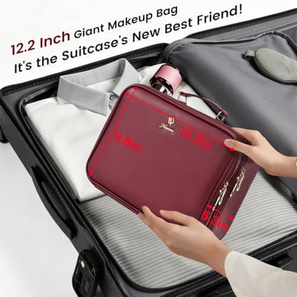 Makeup Bag with LED Lighted Mirror 12.2 IN Cosmetic Train Case Double Layer - color: 12.2 Inch Red