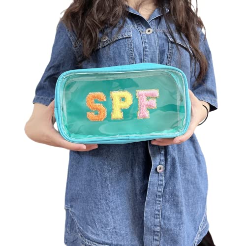 Clear Makeup Letter Bag with Chenille Letter Patch and Glitter SPF for Travel - color: Turquoise-spf