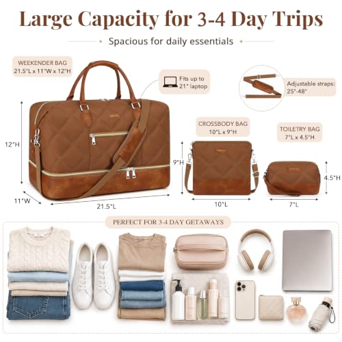 ITIEZY Weekender Bag for Women 21.5" Travel Duffel Large Carry On Bag 3PCS - color: 8c-Brown