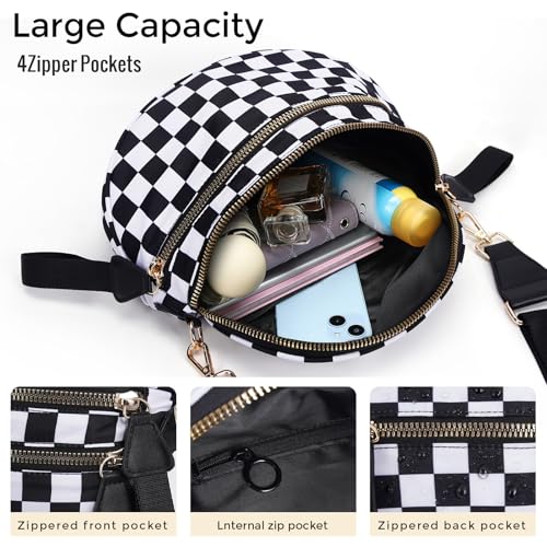 Checkered Crossbody Bum Bags for Women Large Nylon Belt Purse Fanny Packs Bag with Adjustable Shoulder Strap (Black White Checkered) - color: Black White Checkered
