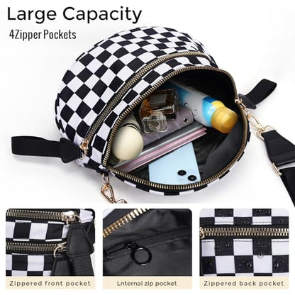 Checkered Crossbody Bum Bags for Women Large Nylon Belt Purse Fanny Packs Bag with Adjustable Shoulder Strap (Black White Checkered) - color: Black White Checkered