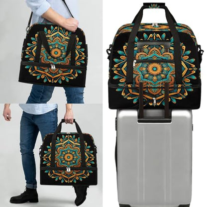 Travel Duffle Bags With Shoes Compartment for Women Men Mandala Flower Ethnic Boho Lightweigh Sports Tote Gym Bag Foldable Canvas Weekender Overnight Carry On Luggage Handle Bag - color: A02: Mandala