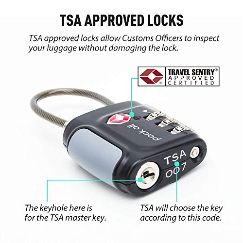 pack all TSA Approved Travel Luggage Locks, Resettable 3-Digit Code | Flexible Steel Cable, Zinc Alloy Body, Clear Number Dials, For Suitcase, Toolbox, Backpack, 4 Pack