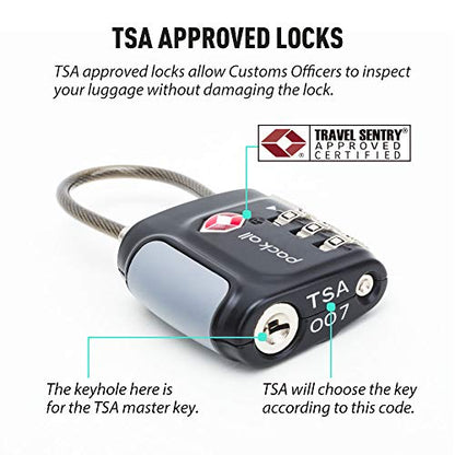 pack all TSA Approved Travel Luggage Locks, Resettable 3-Digit Code | Flexible Steel Cable, Zinc Alloy Body, Clear Number Dials, For Suitcase, Toolbox, Backpack, 4 Pack