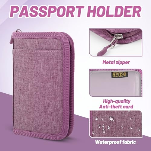 Passport Holder for Travel, RFID Blocking Wallet for Couples Men and Family - color: Purple